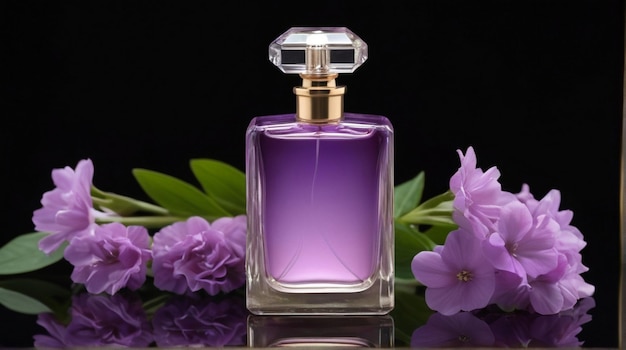 Bouteille de parfum antique et de luxe avec une composition de fleurs violettes sur fond sombre