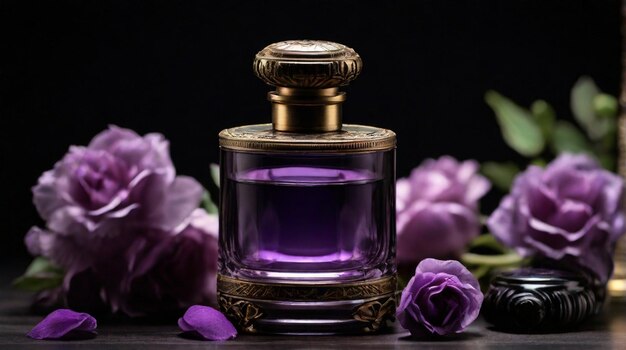 Bouteille de parfum antique et de luxe avec une composition de fleurs violettes sur fond sombre