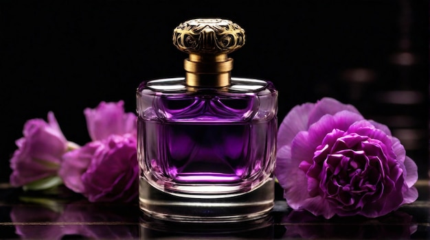 Bouteille de parfum antique et de luxe avec une composition de fleurs violettes sur fond sombre