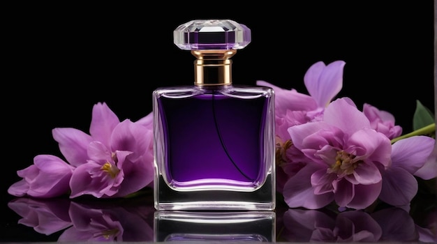 Bouteille de parfum antique et de luxe avec une composition de fleurs violettes sur fond sombre