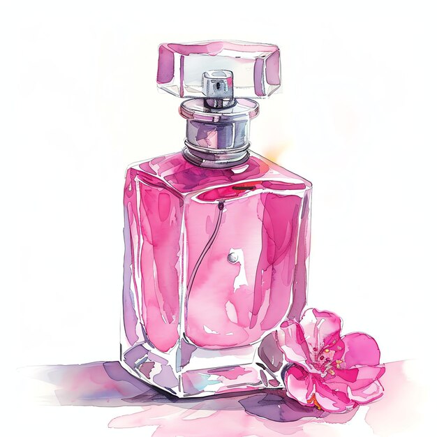 Photo bouteille de parfum aquarelle fille rose en voyage