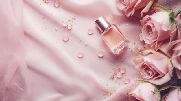 Une bouteille de parfum au milieu de belles roses rouges