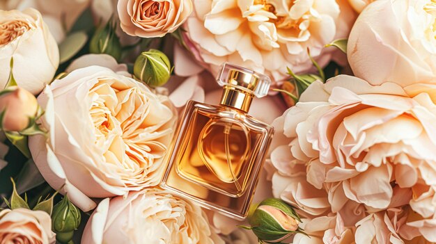 Bouteille de parfum avec de belles fleurs Concept de beauté Vue supérieure à plat