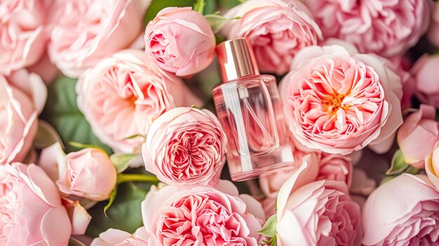 Bouteille de parfum avec de belles fleurs Concept de beauté Vue supérieure à plat