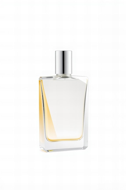 Bouteille de parfum blanche à dessin angulaire, bouchon chrome, fond blanc