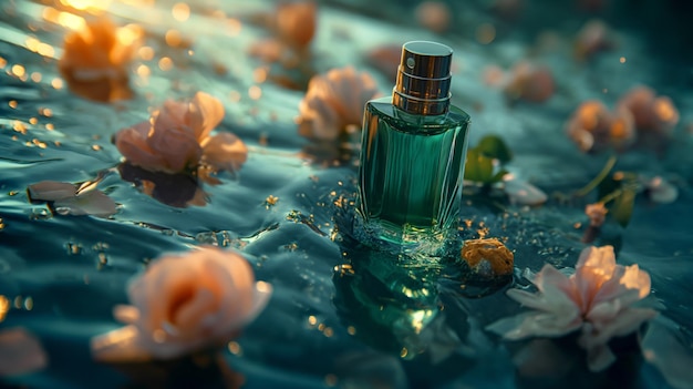 Une bouteille de parfum bleu turquoise transparente se dresse au milieu d'une surface d'eau sereine entourée de délicates marguerites blanches sous un coucher de soleil hypnotisant créant un visuel paisible et apaisant