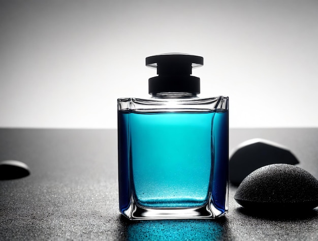 Photo bouteille de parfum bleue dans un cadre sombre