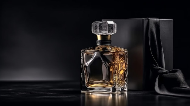 Une bouteille de parfum avec une boîte noire en arrière-plan