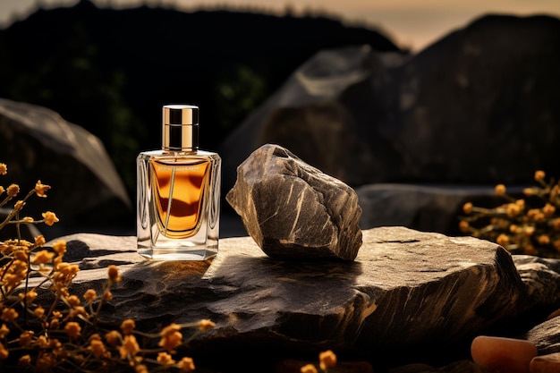 Bouteille de parfum ou bouteille de whisky dans un style élégant sur fond de rochers