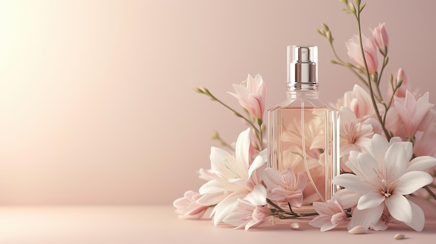 Photo une bouteille de parfum et une brindille de tuberose dans les rayons du soleil sur un fond rose