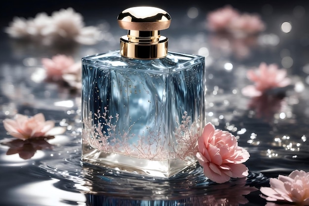 une bouteille de parfum chic au milieu d'eau cristallisée et de fleurs des points de lumière brillent élégamment