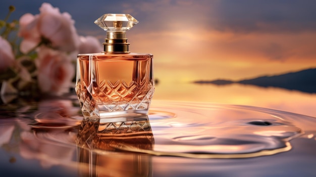 Une bouteille de parfum avec un coucher de soleil en arrière-plan