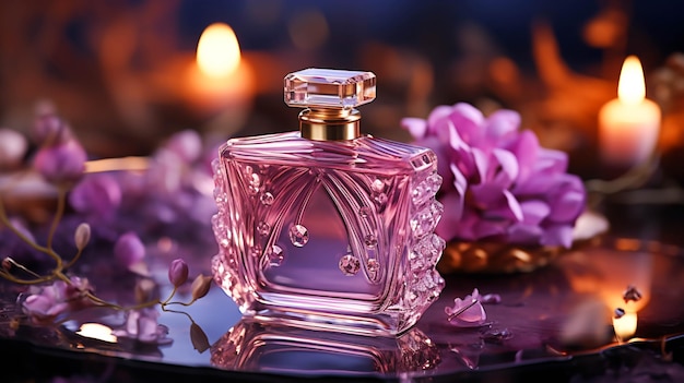 Une bouteille de parfum de couleur pourpre sur fond pourpre