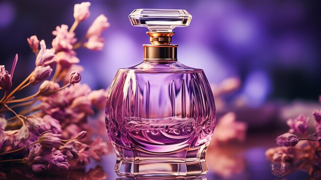 Une bouteille de parfum de couleur pourpre sur fond pourpre