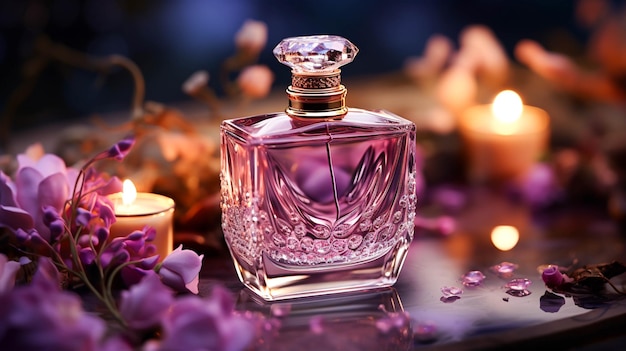 Une bouteille de parfum de couleur pourpre sur fond pourpre