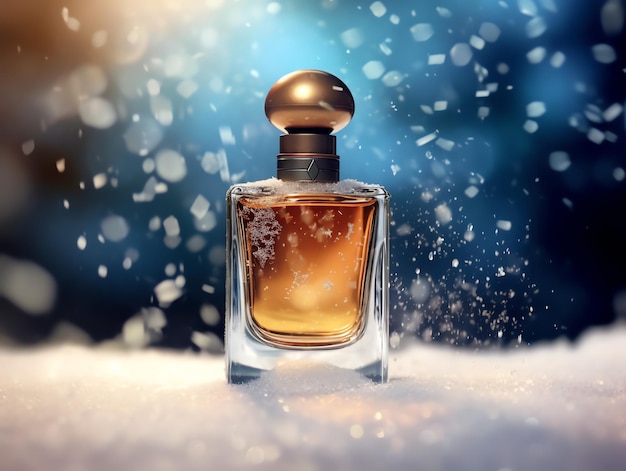 Une bouteille de parfum dans la neige