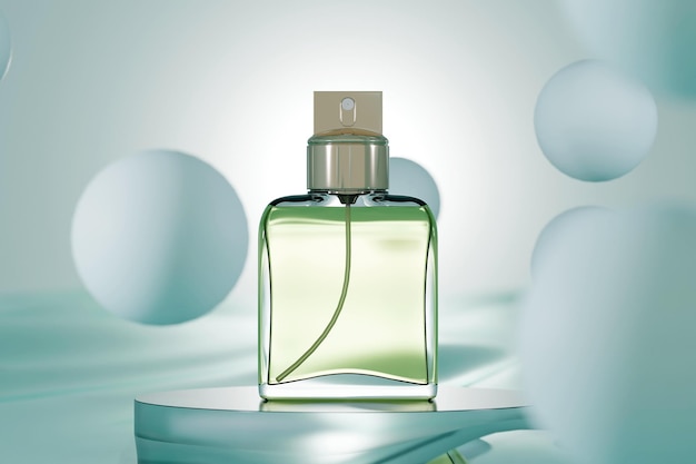 Une bouteille de parfum debout sur l'eau d'une maquette réaliste