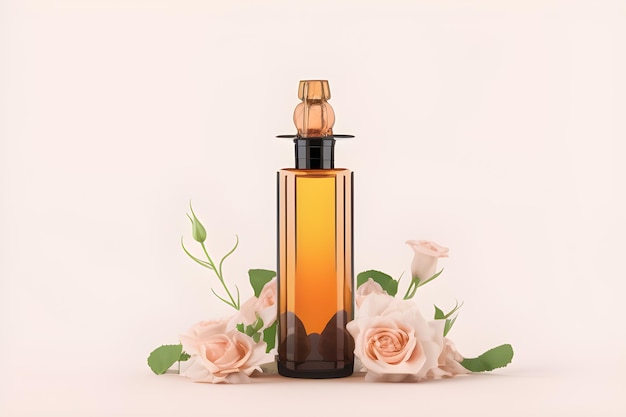 Une bouteille de parfum avec un dessus en bois et une fleur rose derrière.