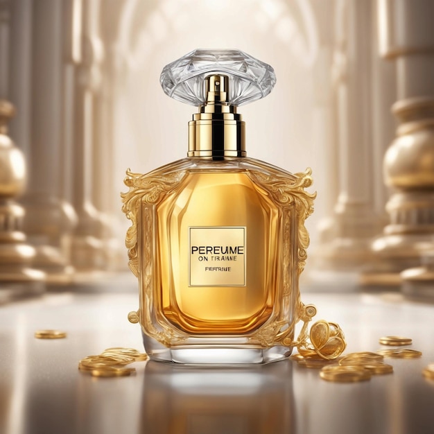 Une bouteille de parfum avec un dessus en or qui dit parfum