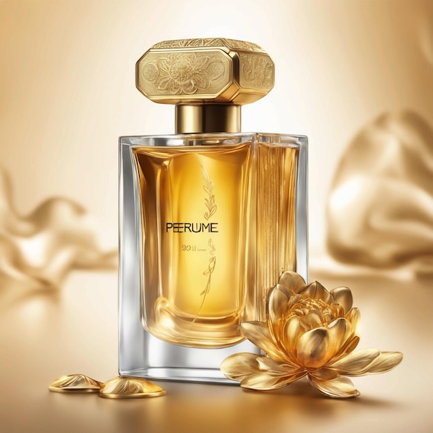 Une bouteille de parfum avec un dessus en or qui dit parfum