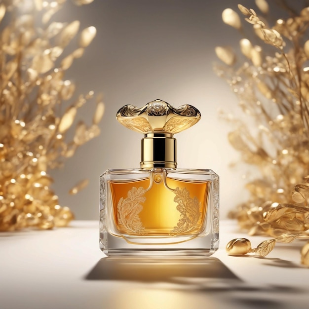 Une bouteille de parfum avec un dessus en or qui dit parfum