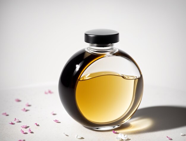 Photo bouteille de parfum dorée en couleur claire avec des pétales de fleurs autour