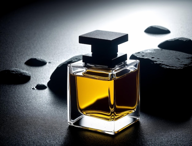 Bouteille de parfum dorée dans un décor noir foncé