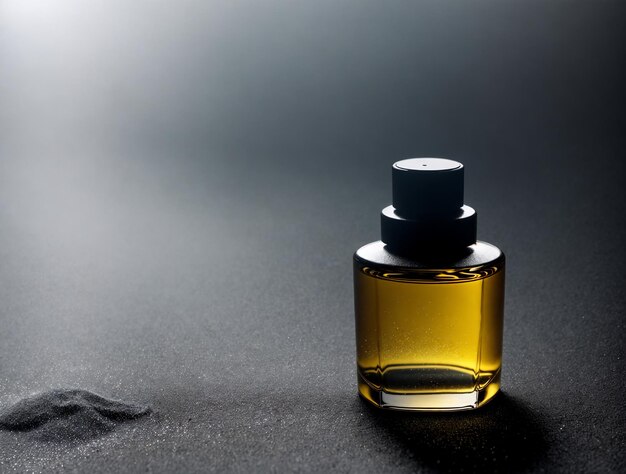 Bouteille de parfum dorée dans un décor noir foncé