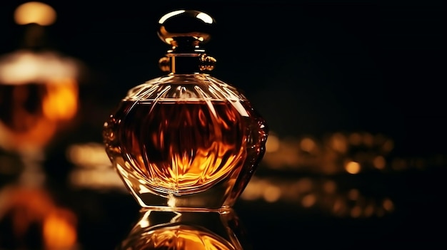 Une bouteille de parfum dorée se dresse sur une surface dans laquelle le feu se reflète Feu sur le fond