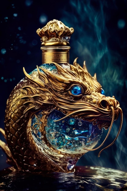 Une bouteille de parfum avec un dragon d'or dessus