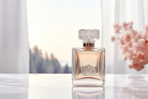 Bouteille de parfum élégante sur un fond léger et aéré avec des fleurs douces