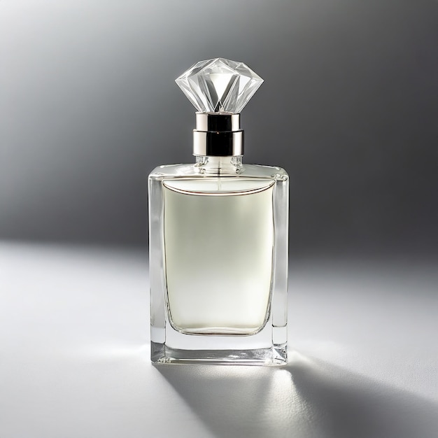 Une bouteille de parfum élégante et simple sur une surface blanche et propre