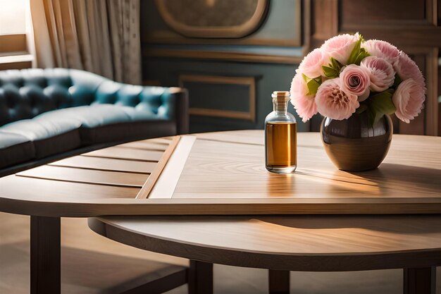 Photo une bouteille de parfum est assise sur une table avec un vase de fleurs devant elle.