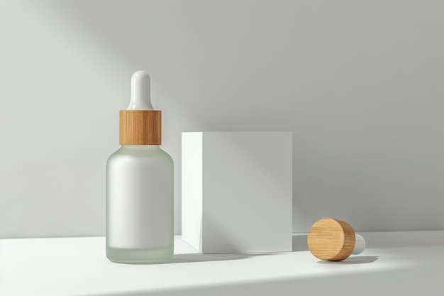 Une bouteille de parfum est sur une boîte blanche.