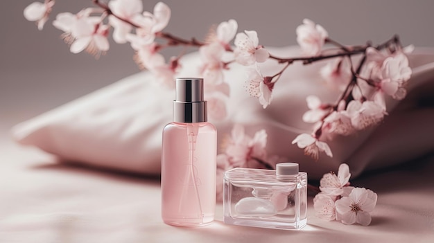 Une bouteille de parfum est posée sur un lit à côté d'un arbre à fleurs roses.