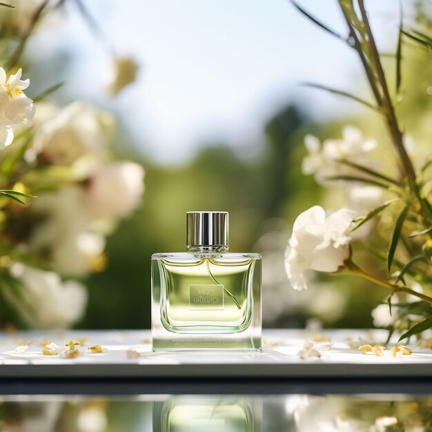 une bouteille de parfum est posée sur un plateau avec des fleurs en arrière-plan.