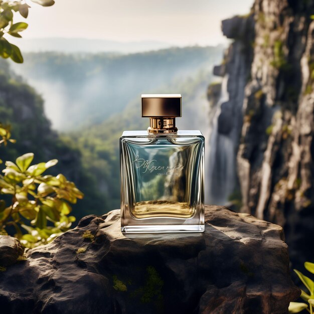 une bouteille de parfum est posée sur un rocher avec une cascade en arrière-plan.