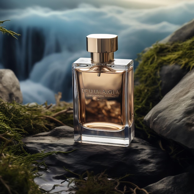 une bouteille de parfum est posée sur un rocher à côté d'une cascade.