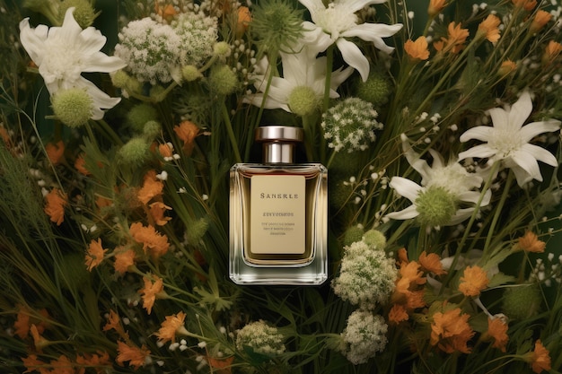 Une bouteille de parfum est posée sur une table entourée de fleurs.