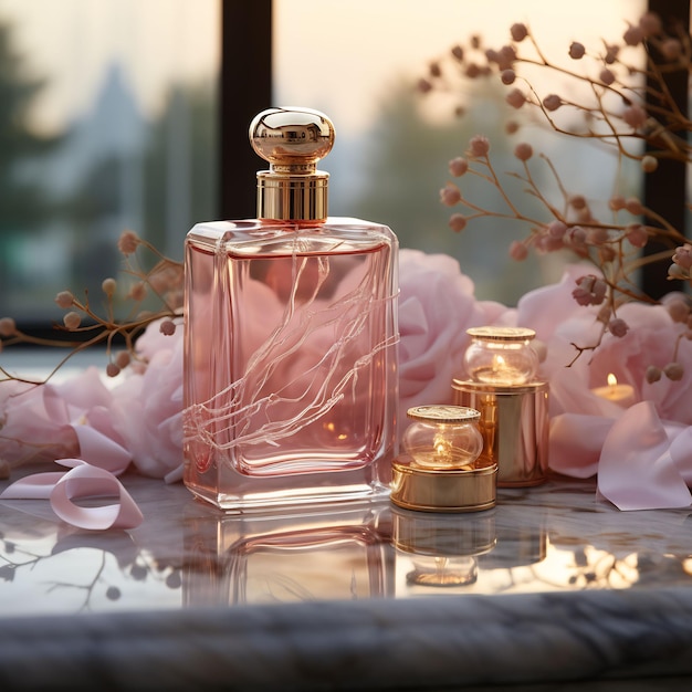 une bouteille de parfum est posée sur une table avec des fleurs en arrière-plan.