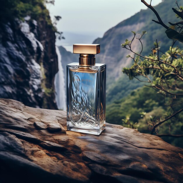 une bouteille de parfum est posée sur un tronc avec une cascade en arrière-plan.