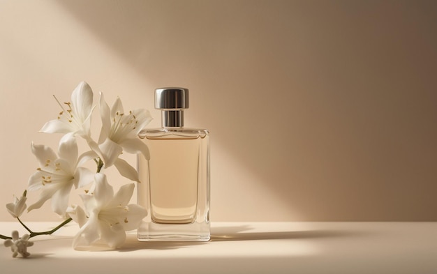 une bouteille de parfum avec une fleur blanche en arrière-plan.