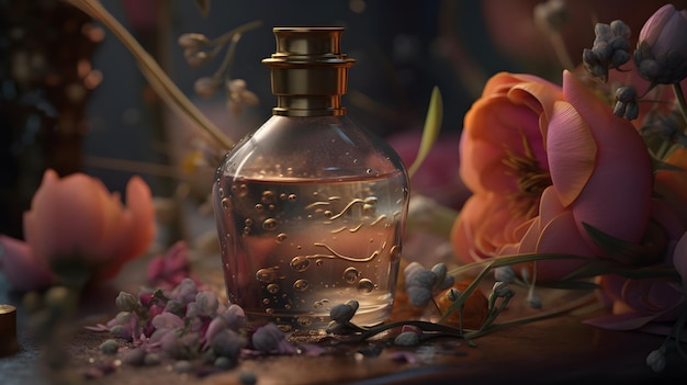 Une bouteille de parfum avec une fleur rose en arrière-plan