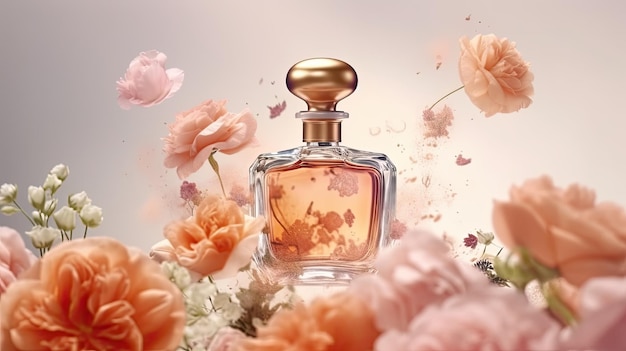 Une bouteille de parfum avec une fleur rose en arrière-plan