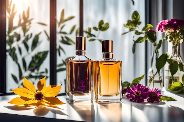 Bouteille de parfum avec fleur rouge sur une table en bois à la lumière du soleil