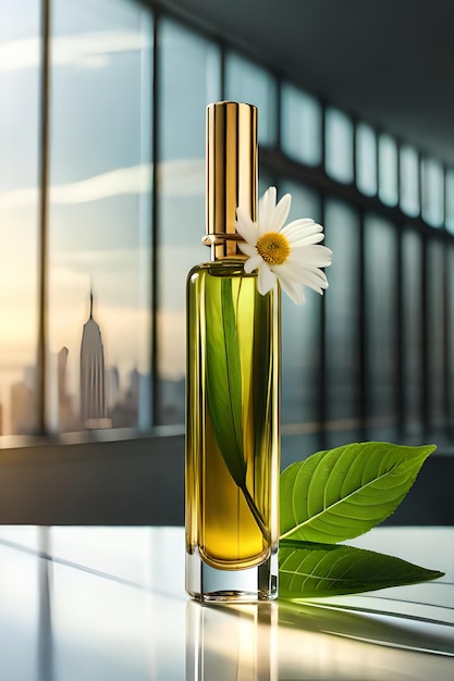 Bouteille de parfum avec fleur rouge sur une table en bois à la lumière du soleil