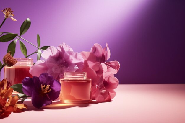 Une bouteille de parfum avec une fleur sur la table