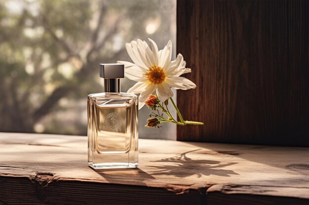 Une bouteille de parfum avec une fleur