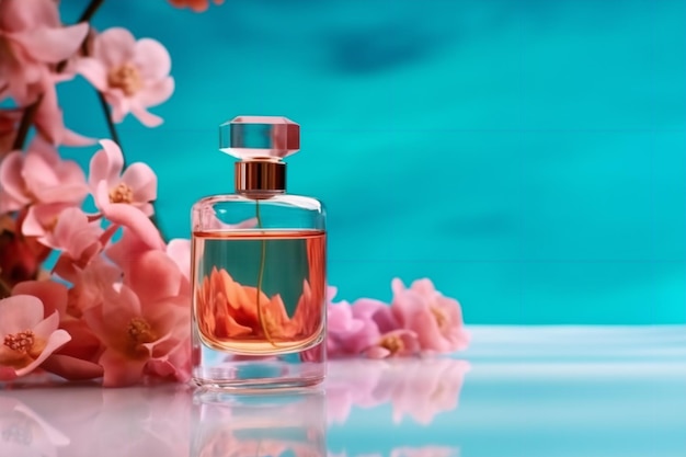 Une bouteille de parfum avec des fleurs en arrière-plan