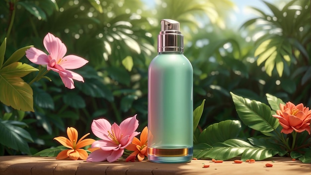 une bouteille de parfum avec des fleurs et une bouteelle de parfum